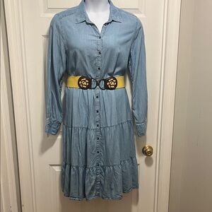 Time and Tru Light Blue Button-Down Dress with Yellow Belt